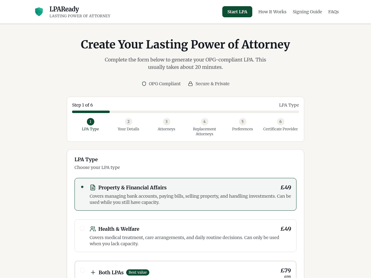 The LPAReady form showing the step-by-step LPA creation process